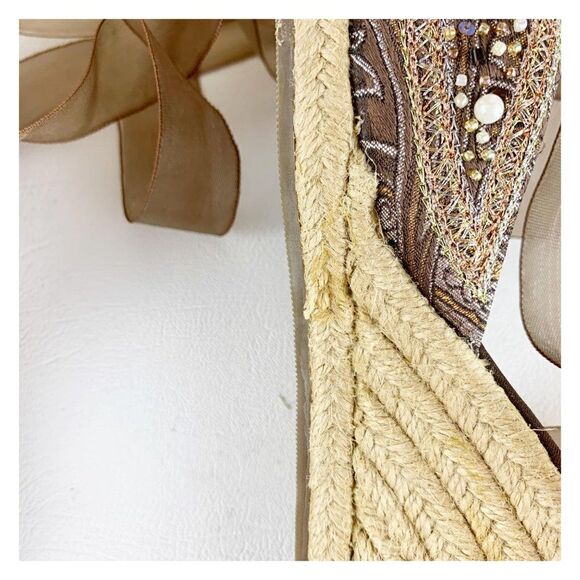 Steve Madden taupe Pearl/Bead/Crystal Embellished Wedge Ankle Wrap Boho Espadril - Picture 13 of 15